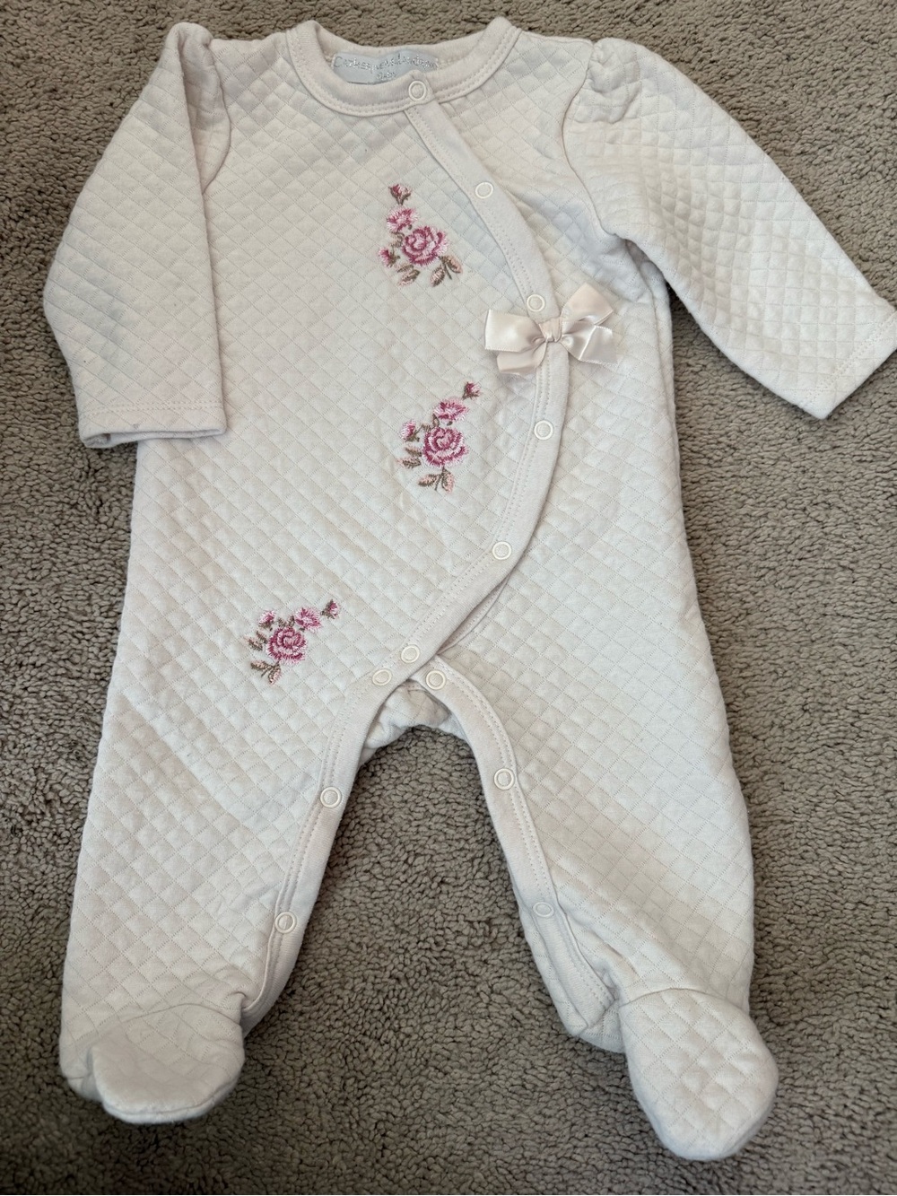 Catherine Malandrino Quilted Cream Footed One-Piece with Pink Rose Embroidery